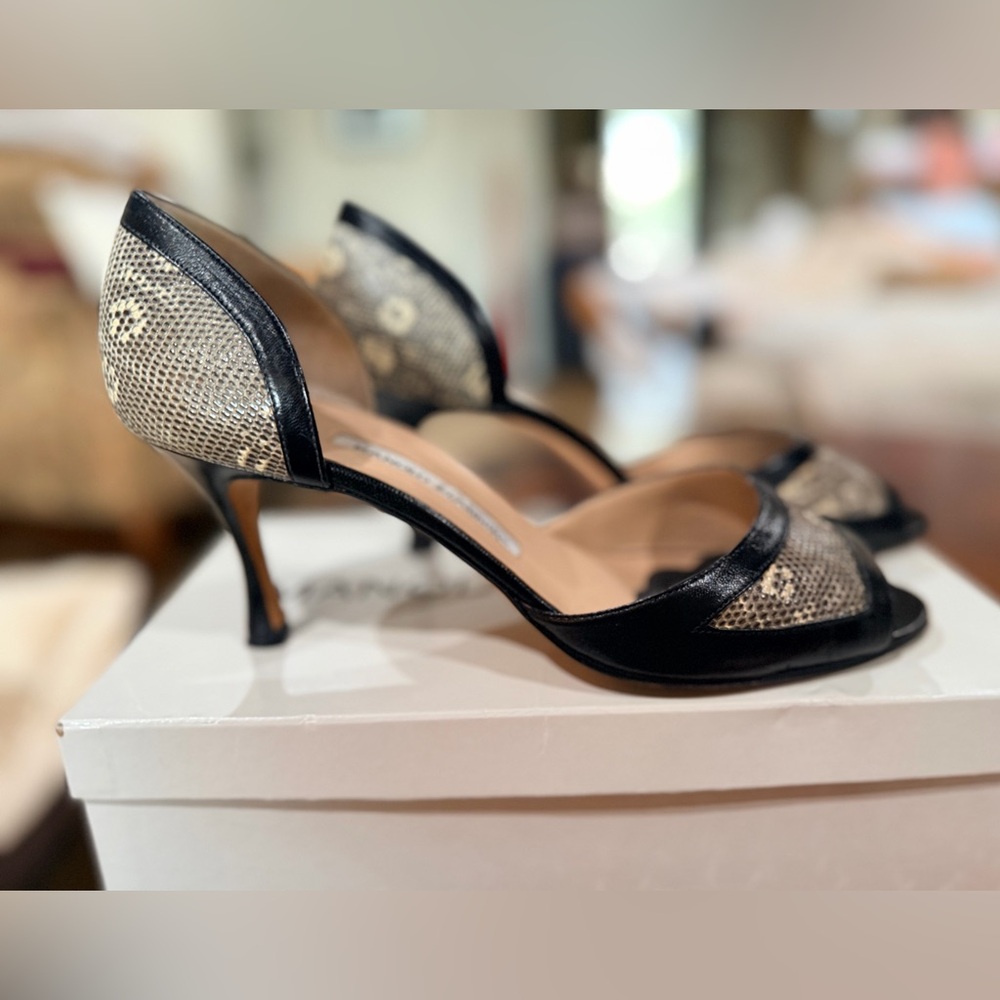 Manolo Blahnik Black and Beige Snake-Print Open-Toe Heels - Picture 3 of 6